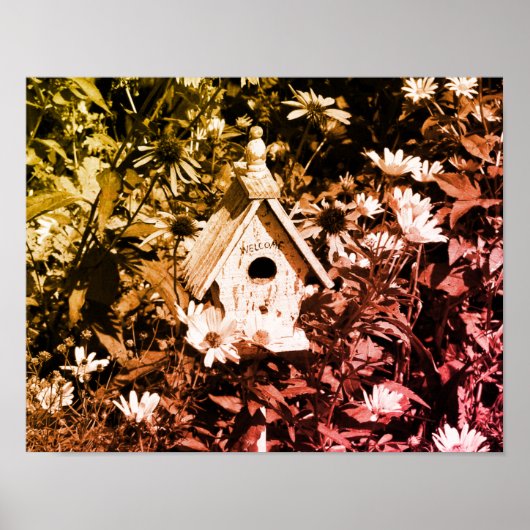 フラワーガーデンバードハウスブラックアンドホワイトヴィンテージ ポスター (正面)