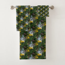 フラワーガーデンバードハウス自然アートパターン バスタオルセット