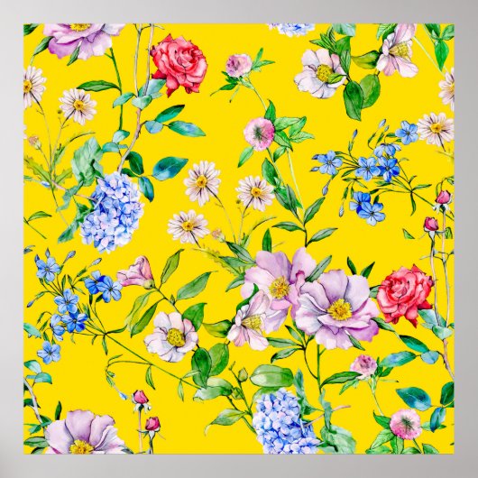 フラワーガーデン水彩イラストレーション模様 ポスター (正面)