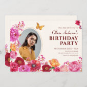 フラワーガーデン開花春写真誕生日 招待状 (正面/裏面)