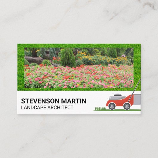 フラワーガーデン | カットグラス芝刈り機ビジネスカード 名刺 (正面)