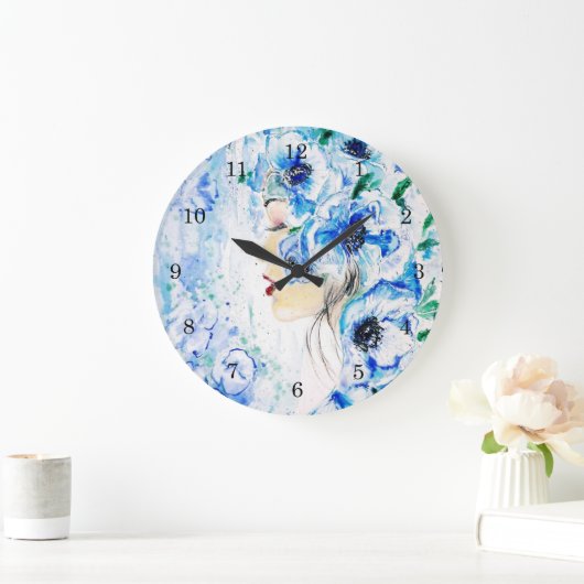 フラワーガールウォールクロック – 青いファンタジー- 絵画's ラージ壁時計 (ホーム)