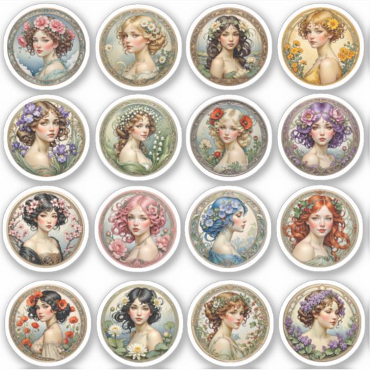 フラワーガールズラウンドアールヌーボービニールステッカー シール (正面)