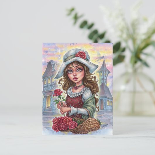 フラワーガールハガキ中世おとぎ話の街バラ ポストカード (スタンド正面)