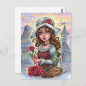 フラワーガールハガキ中世おとぎ話の街バラ ポストカード (正面/裏面)