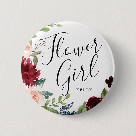 フラワーガールバーガンディブーケのカスタムウェディング 缶バッジ (正面)