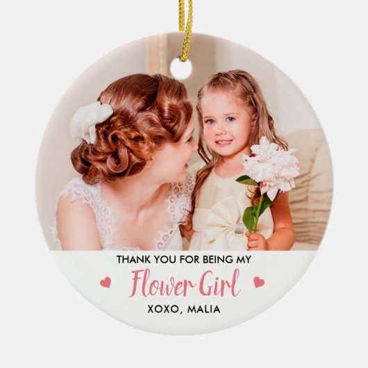 フラワーガールパーソナライズされたブライダルパーティ写真 セラミックオーナメント (正面)