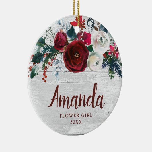 フラワーガールパーソナライズされたブルゴーニュバラクリスマス セラミックオーナメント (右)