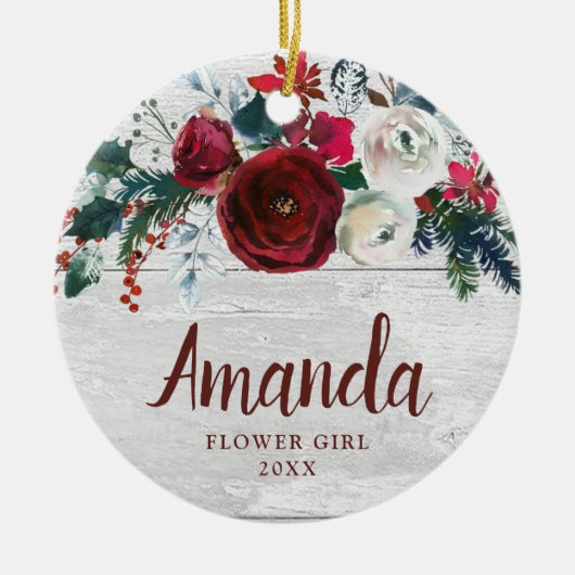 フラワーガールパーソナライズされたブルゴーニュバラクリスマス セラミックオーナメント (正面)