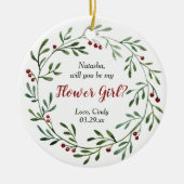 フラワーガールパーソナライズされたプロポーズグリーンリース セラミックオーナメント (正面)
