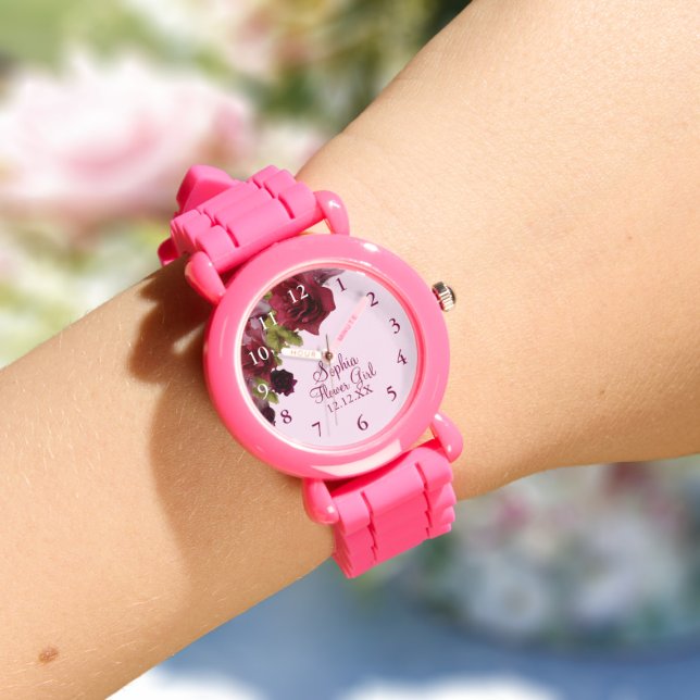 フラワーガールブルゴーニュフローラ結婚式の引き出物時計 腕時計 (Pretty watch for your Flower Girl or Junior Bridesmaid. Just add their name and your wedding date)