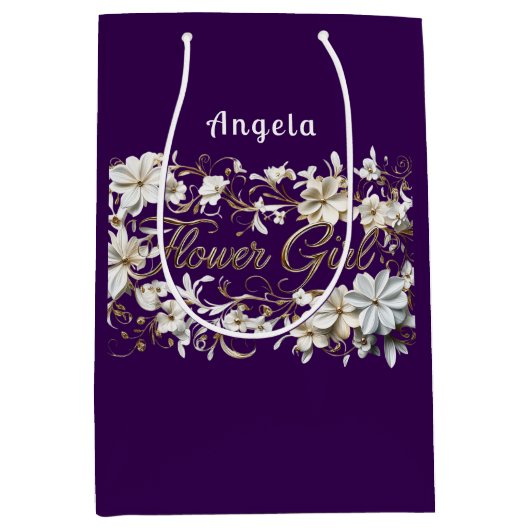 フラワーガールホワイトパープル金ゴールド ミディアムペーパーバッグ (正面)