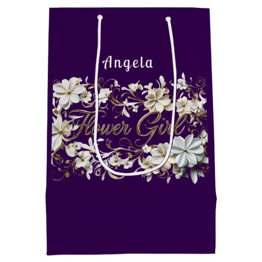 フラワーガールホワイトパープル金ゴールド ミディアムペーパーバッグ (裏面)