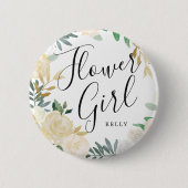 フラワーガールホワイトローズブーケのカスタムウェディング 缶バッジ (正面)
