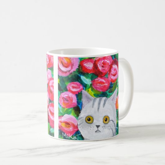 フラワーキャットかわいらしグレイ芸術的タ猫 コーヒーマグカップ (正面右)