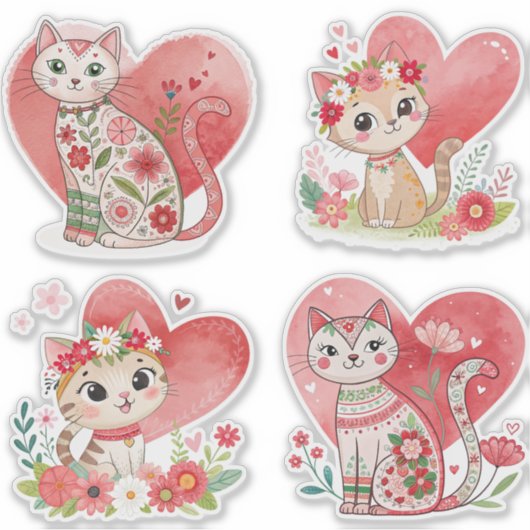 フラワーキャットとハートカスタムカットのビニールシール シール (正面)