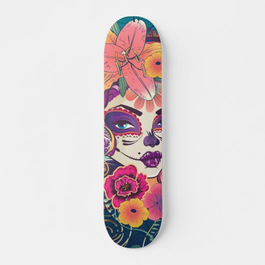 フラワークラウンスカルの砂糖ポートレート スケートボード (正面)