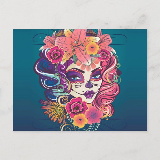 フラワークラウンスカルの砂糖ポートレート ポストカード (正面)