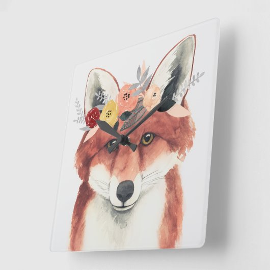 フラワークラウンフォレスターキツネ スクエア壁時計 (傾斜)