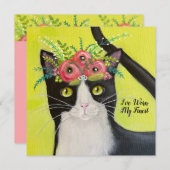 フラワークラウンフラット誕生日カード付きタキシード猫 (正面/裏面)