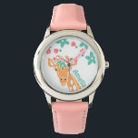 フラワークラウン付きかわいいキリンパーソナライズされた 腕時計<br><div class="desc">ピンクとブルーの花で愛らしいキリンのアート、パーソナライズするオプション。</div>