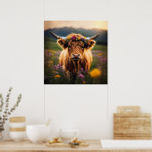 フラワークラウン付きカラフルハイランド牛 ポスター (キッチン)