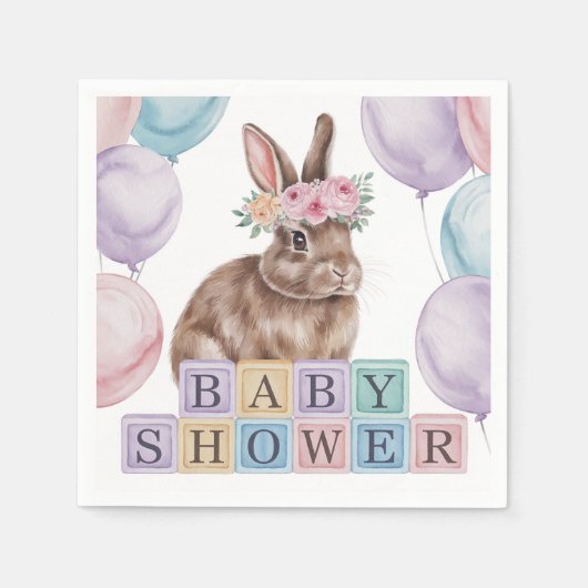 フラワークラウン赤ちゃんシャワー付き水彩バニー スタンダードカクテルナプキン (正面)