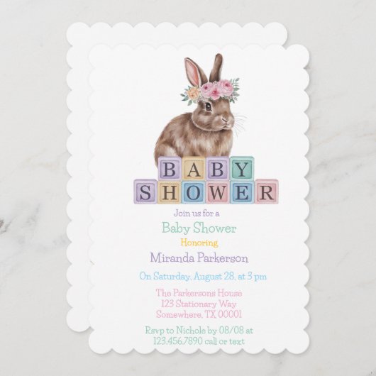 フラワークラウン赤ちゃんシャワー付き水彩バニー 招待状 (正面/裏面)