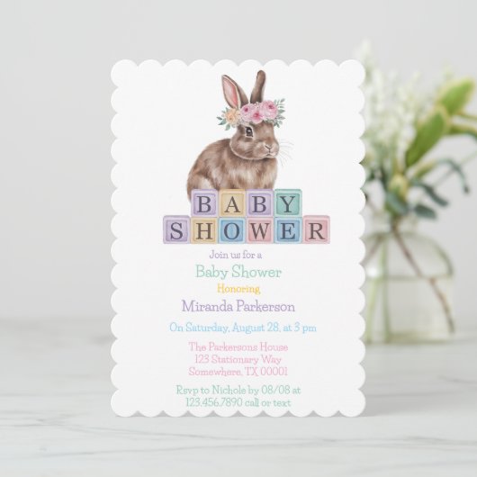 フラワークラウン赤ちゃんシャワー付き水彩バニー 招待状 (スタンド正面)