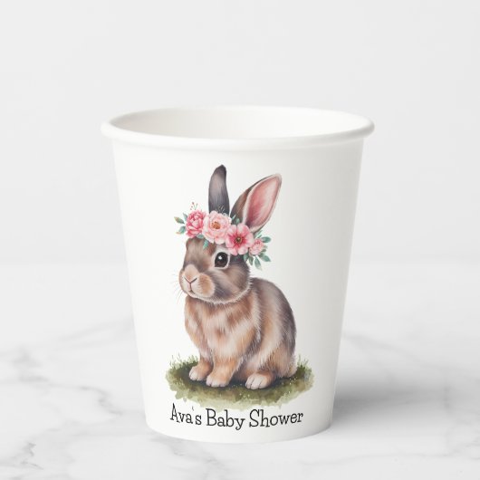 フラワークラウン赤ちゃんシャワー付き水彩バニー 紙コップ (正面)