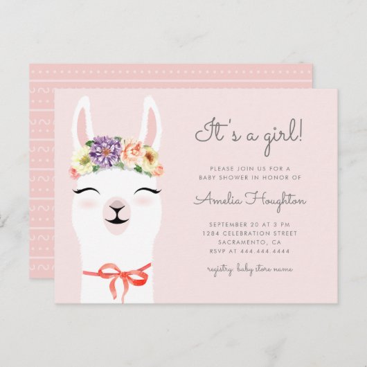 フラワークラウン&ラマガールベビーシャワー インビテーションポストカード (正面/裏面)