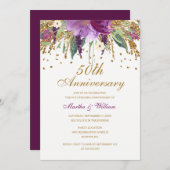 フラワーグリッターアメジスト 50周年結婚記念日 招待状 (正面/裏面)