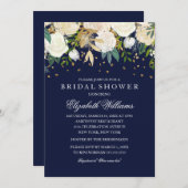 フラワーグリッター輝くゴールドネイビー結婚前お茶会 招待状 (正面/裏面)