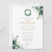 フラワーグリーンイニシャル 50周年結婚記念日 招待状 (正面)