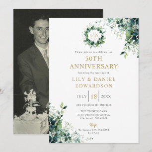 フラワーグリーンイニシャル 50周年結婚記念日 招待状