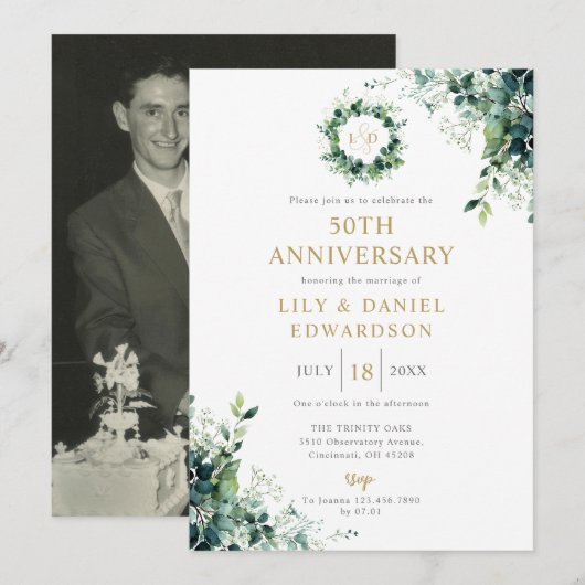 フラワーグリーンイニシャル 50周年結婚記念日 招待状 (正面/裏面)