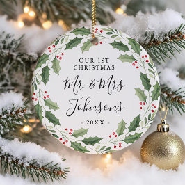 フラワーグリーンリース 私たちの初めてのクリスマス セラミックオーナメント