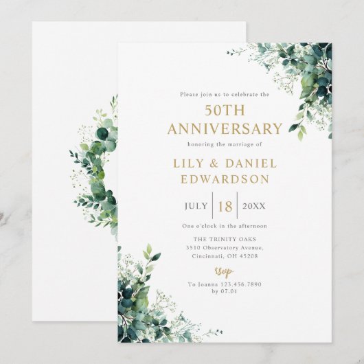 フラワーグリーン+モノグラム 50周年記念結婚式 招待状 (正面/裏面)