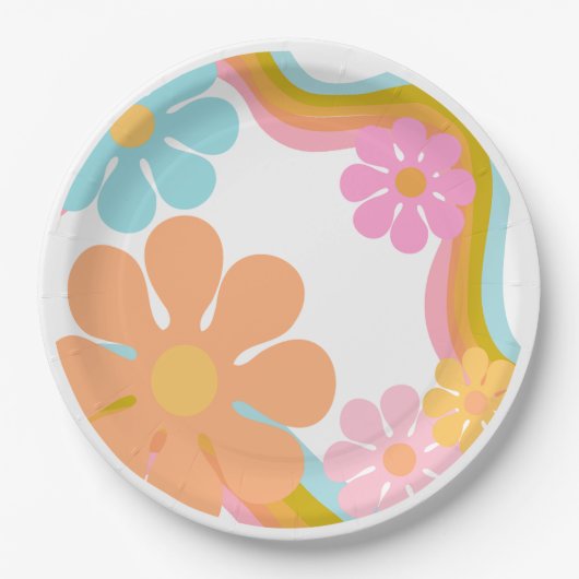 フラワーグルーヴィ誕生日レトロパーティー70sモダンパーティー ペーパープレート (正面)