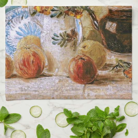 フラワーコーヒーポットとフルーツヴァンゴッホファインアート キッチンタオル (折り畳み)