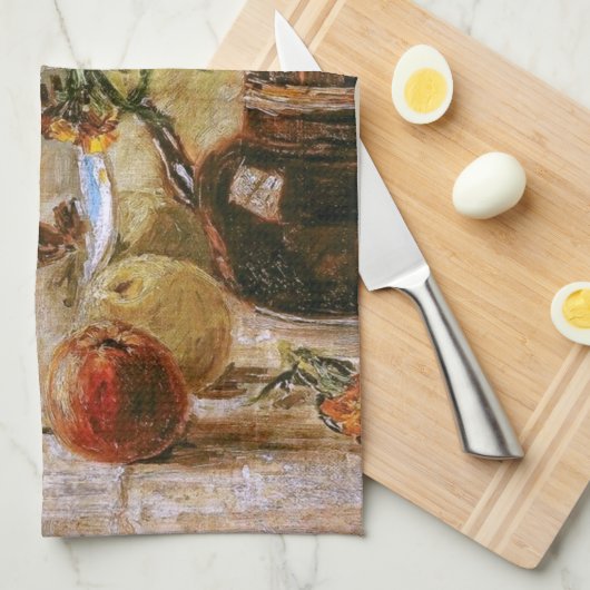 フラワーコーヒーポットとフルーツヴァンゴッホファインアート キッチンタオル (四つ折り)
