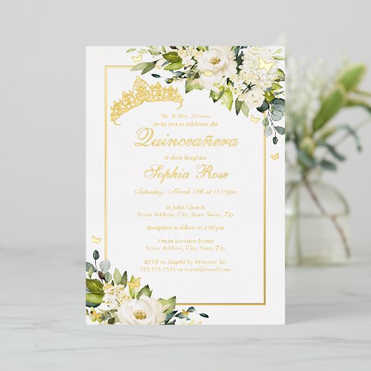 フラワーゴールデンバタフライキンセアニェラ 箔招待状 (立ち正面)