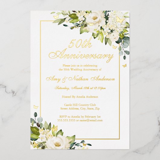 フラワーゴールデンバタフライ結婚50周年 箔招待状 (正面)