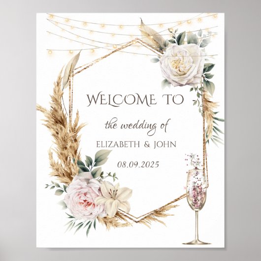 フラワーゴールドフレームシャンパングラス ポスター (正面)