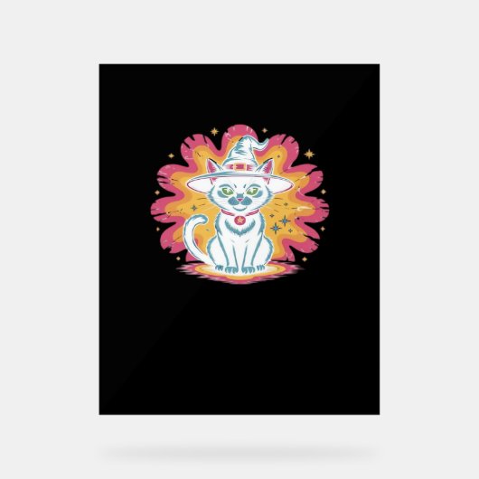 フラワーサイケデリックオーバーサイズTシャツ付き黒猫 アクリルサイン (正面)