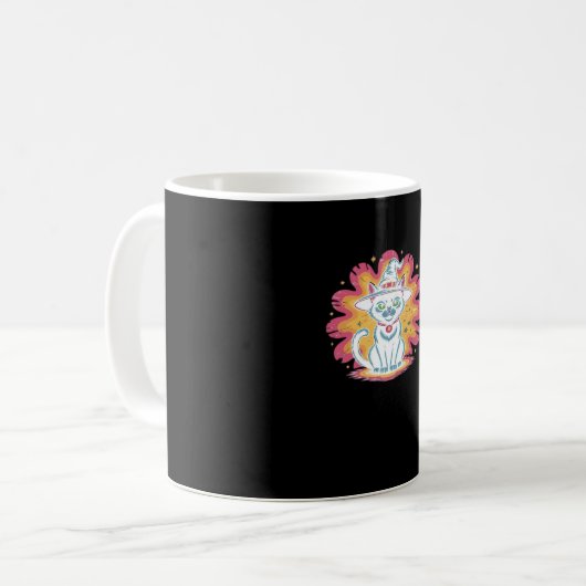 フラワーサイケデリックオーバーサイズTシャツ付き黒猫 コーヒーマグカップ (正面左)