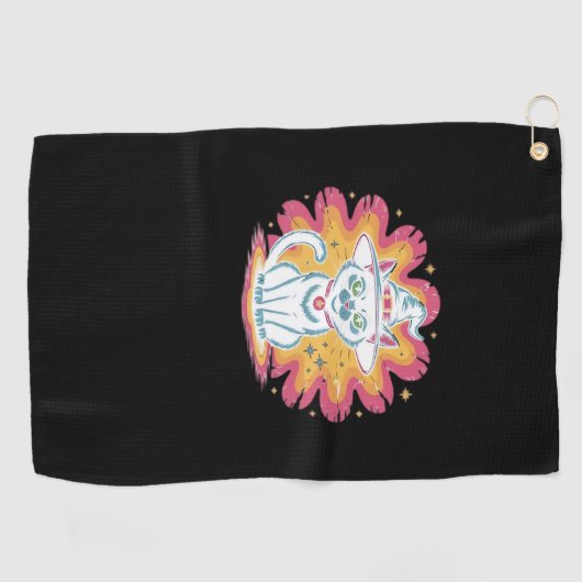 フラワーサイケデリックオーバーサイズTシャツ付き黒猫 ゴルフタオル (横)