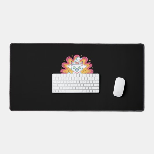 フラワーサイケデリックオーバーサイズTシャツ付き黒猫 デスクマット (キーボード&マウス)