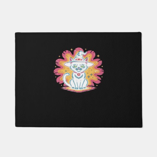 フラワーサイケデリックオーバーサイズTシャツ付き黒猫 ドアマット (正面)