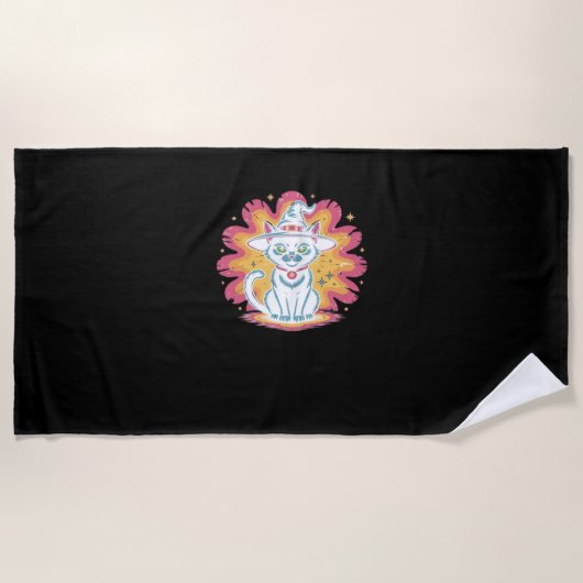 フラワーサイケデリックオーバーサイズTシャツ付き黒猫 ビーチタオル (正面)